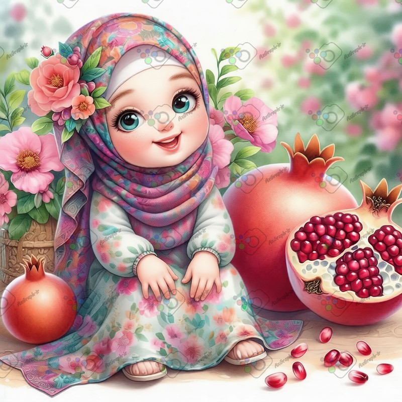 بک گراند کودکانه یلدا با طرح دختر بچه با حجاب نشسته کنار انار-کد 44688(ویژه عکس گراف)
