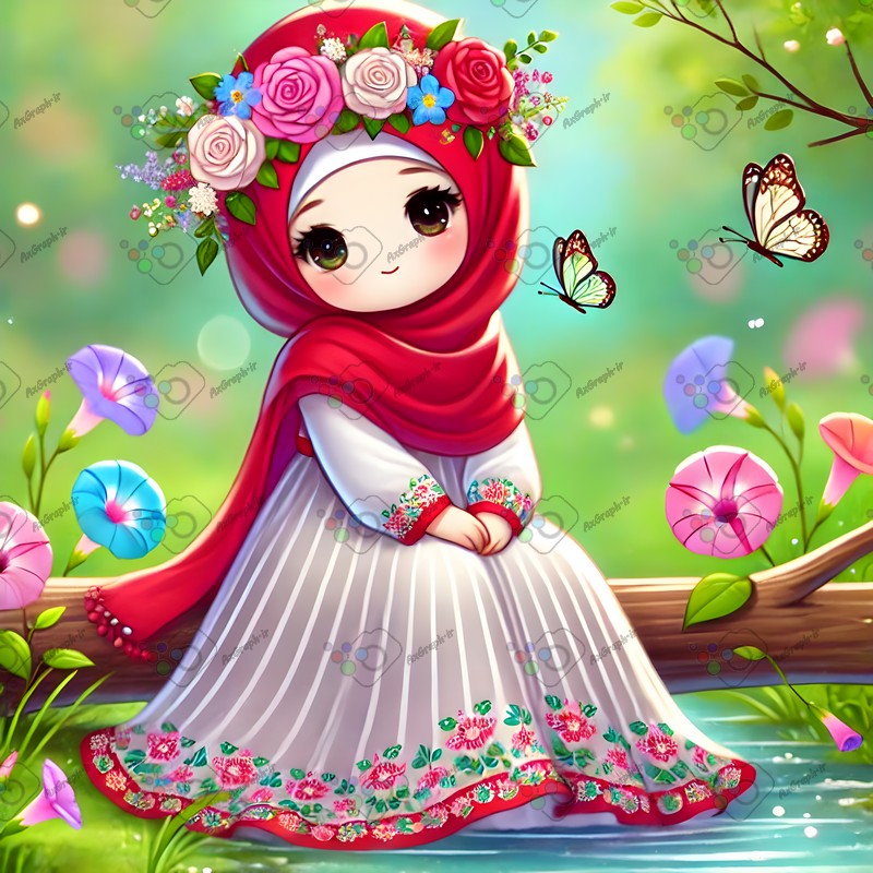 بک گراند کودکانه دختربچه ناز با حجاب نشسته روی درخت کنار گلهای پیچک-کد 44622(ویژه عکس گراف)