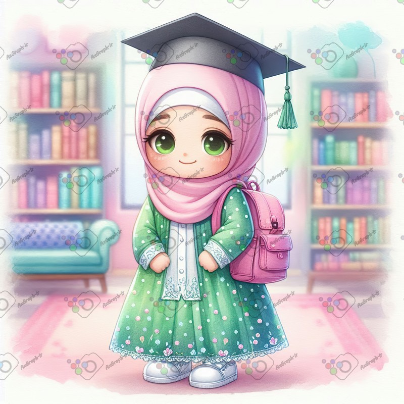 بک گراند کودکانه دختر کوچولوی فارغ التحصیل در کتابخانه-کد 44469(ویژه عکس گراف)