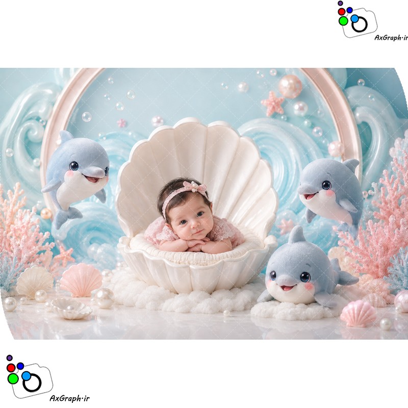 بک دراپ نوزاد صدف و دلفین در اقیانوس-کد 55554(ویژه عکس گراف)