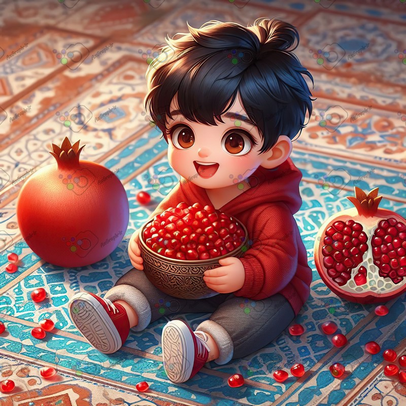 بک گراند کودکانه یلدا با طرح پسربچه ناز با کاسه انار روی زمینه سنتی-کد 44754(ویژه عکس گراف)