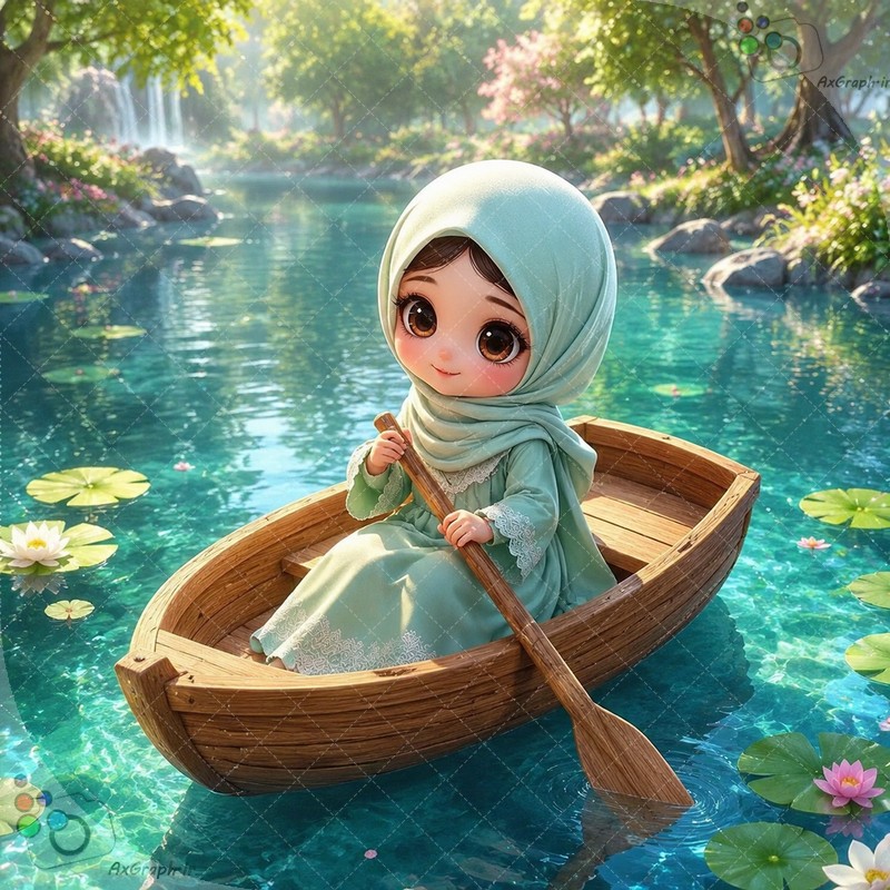 🌟🛶 طرح دختربچه معصوم باحجاب سبز در قایق چوبی روی رودخانه نیلوفر آبی - کد ۴۵۰۱۶ (ویژه عکس گراف) 🌿🌸✨