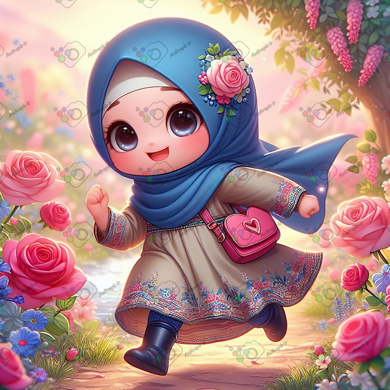 بک گراند کودکانه دختر بچه ناز با حجاب با کیف قلبی در حال عبور از میان گلهای رز-کد 44405(ویژه عکس گراف)