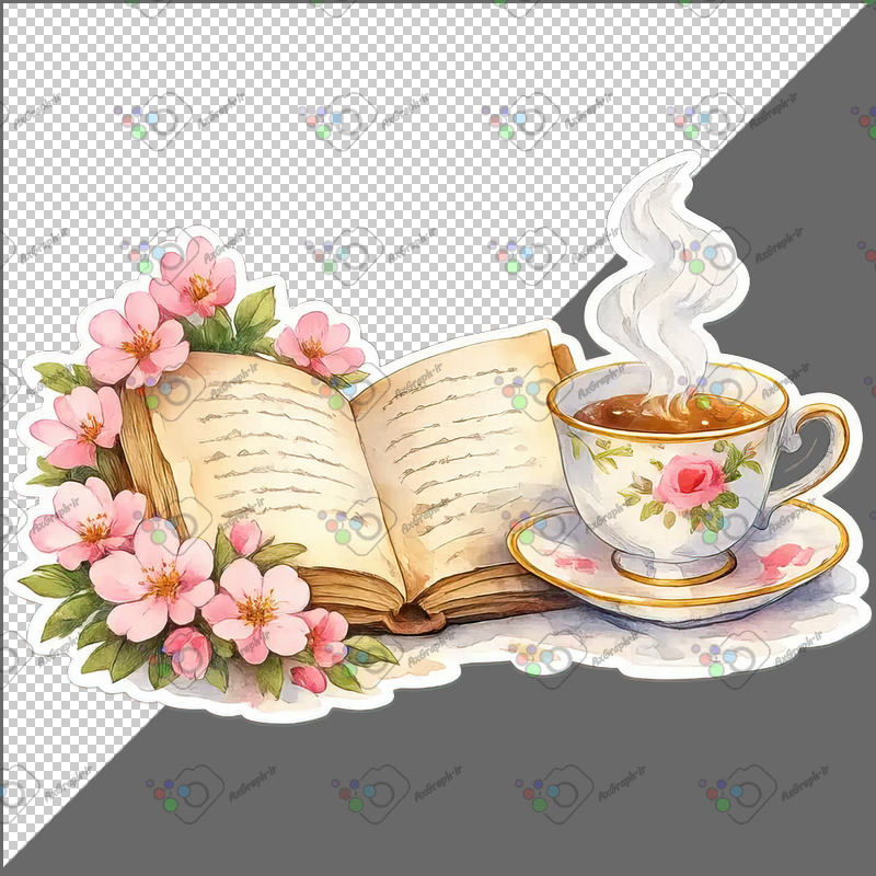 طرح برچسب فانتزی فنجتی چای و شکوفه گیلاس و کتاب قدیمی-کد 70142(ویژه عکس گراف)