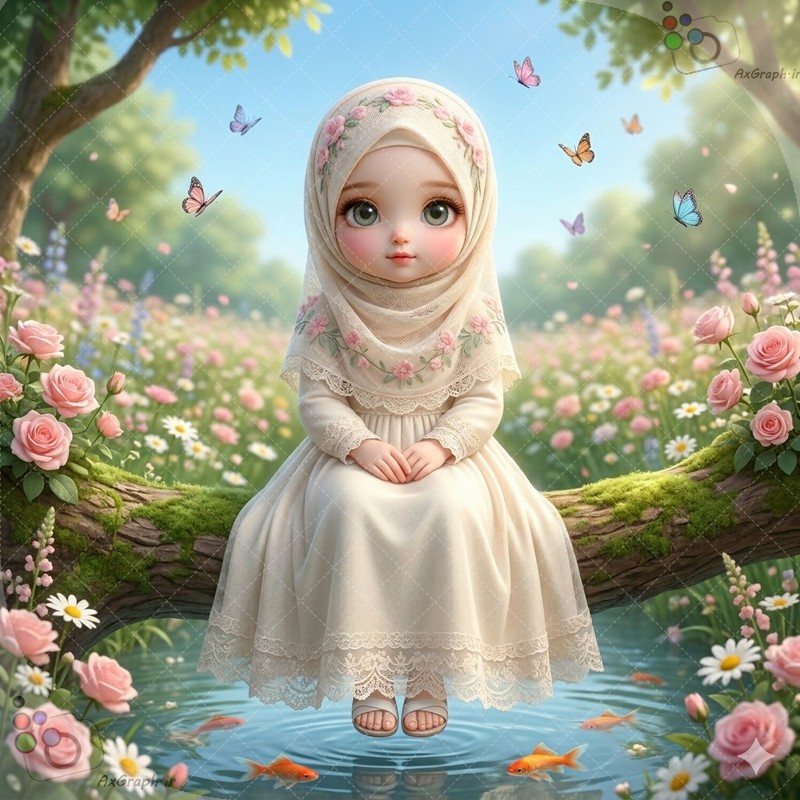 تصویرسازی دختر خردسال باحجاب نشسته روی تنه درخت در برکه پر از گل و ماهی قرمز - کد 44911 (ویژه عکس گراف)