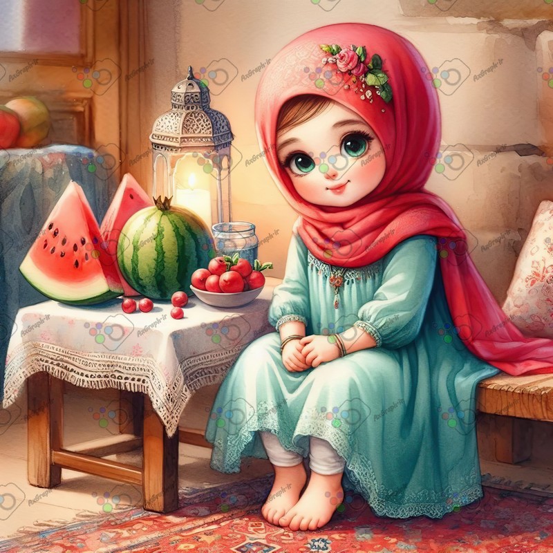 بک گراند کودکانه یلدا با طرح دختر بچه با حجاب و دکور هندونه و فانوس-کد 44627(ویژه عکس گراف)