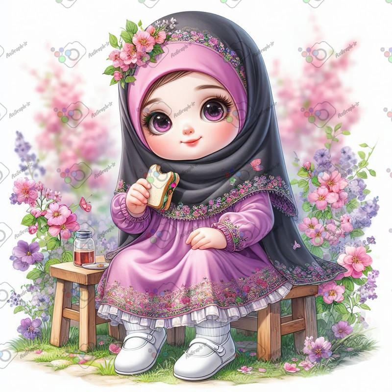 بک گراند کودکانه دختر کوچولوی ناز با حجاب در حال خوردن ساندویچ-کد 44476(ویژه عکس گراف)