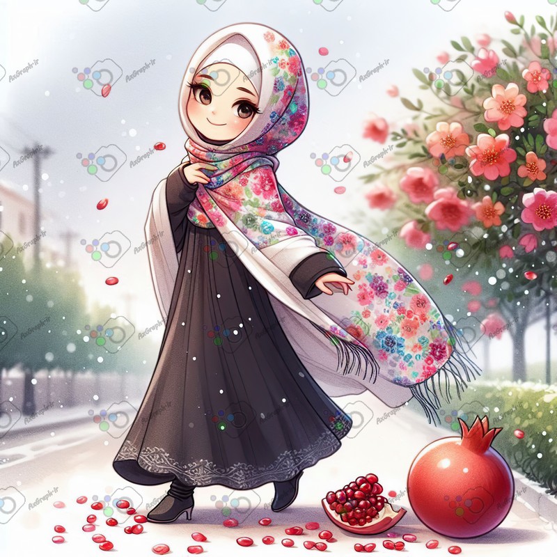 بک گراند کودکانه یلدا با طرح دختر ناز با حجاب در حال عبور از خیابان و انار و دانه های انار روی زمین-کد 44738(ویژه عکس گراف)