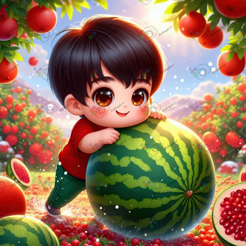 بک گراند کودکانه یلدا با طرح پسربچه بامزه لم داده به هندونه غول پیکر-کد 44766(ویژه عکس گراف)