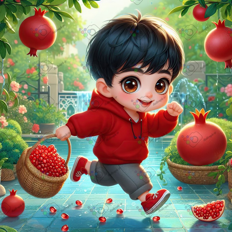 بک گراند کودکانه یلدا با طرح پسربچه ای که با سبد انار در باغ انار میدود-کد 44772(ویژه عکس گراف)