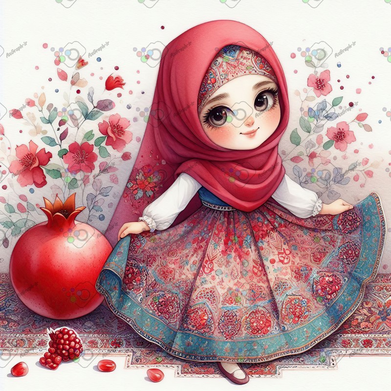 بک گراند کودکانه یلدا با طرح دختر بچه با حجاب با لباس سنتی و فرش ایرانی و انار-کد 44654(ویژه عکس گراف)
