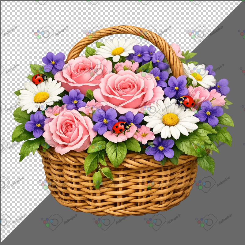 طرح برچسب سبد گل رز صورتی و گل میناو کفشدوزک-کد 70068(ویژه عکس گراف)