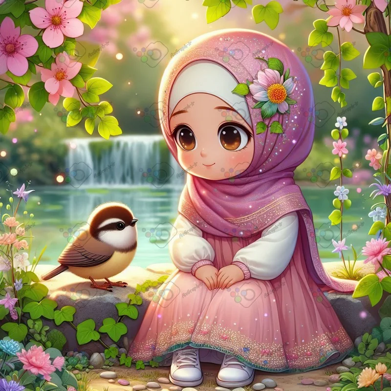 بک گراند کودکانه دختر بچه ناز با حجاب نشسته روی سکوی سنگی کنار گنجشک تپلو-کد 43977(ویژه عکس گراف)
