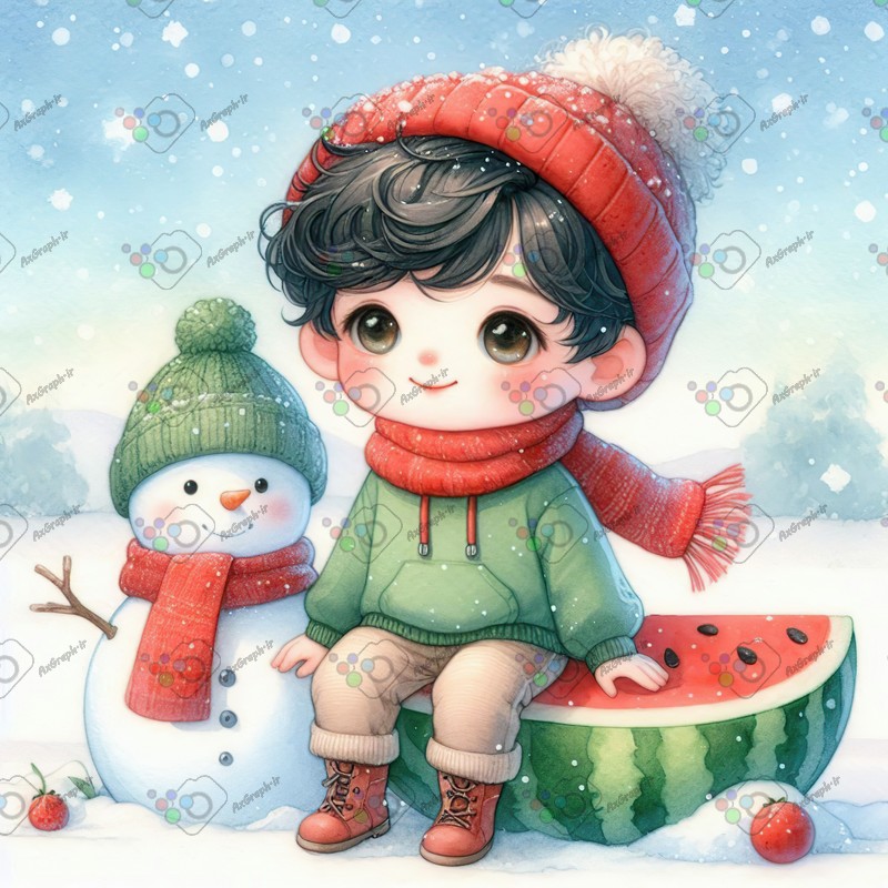 بک گراند کودکانه یلدا با طرح آدم برفی و پسربچه نشسته روی هندونه-کد 44752(ویژه عکس گراف)