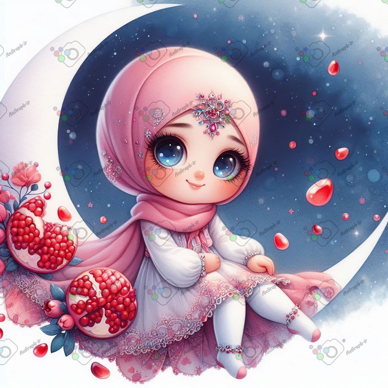 بک گراند کودکانه یلدا با طرح دختر بچه با حجاب و ماه و دونه های انار-کد 44678(ویژه عکس گراف)