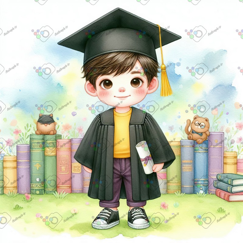 بک گراند کودکانه پسربچه فارغ التحصیل و کتاب ها-کد 44456(ویژه عکس گراف)