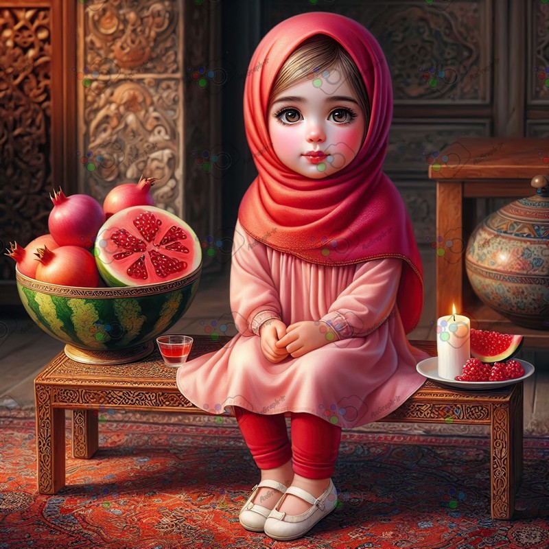 بک گراند کودکانه یلدا با طرح دختر بچه با حجاب با دکور سنتی و انار و هندونه-کد 44638(ویژه عکس گراف)