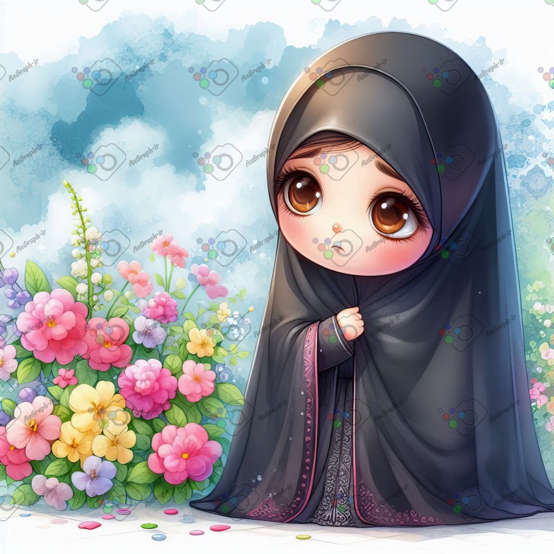 بک گراند کودکانه دختر کوچولوی ناز چادری با چهره غمگین کنار گلها-کد 44351(ویژه عکس گراف)