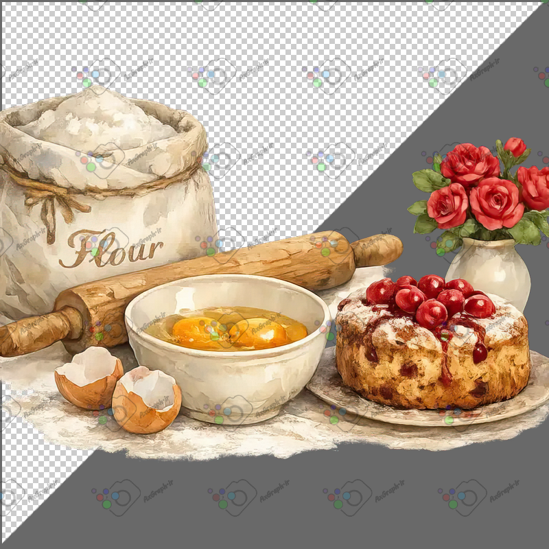 طرح برچسب فانتزی کیک آلبالو و کیسه آرد و تخم مرغ شکسته-کد 70204(ویژه عکس گراف)
