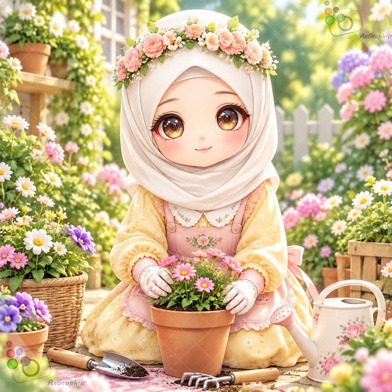طرح دختربچه باغبان با تاج گل و پیش‌بند صورتی در حال گل‌کاری در باغ بهاری - کد ۴۴۹۹۷ (ویژه عکس گراف)