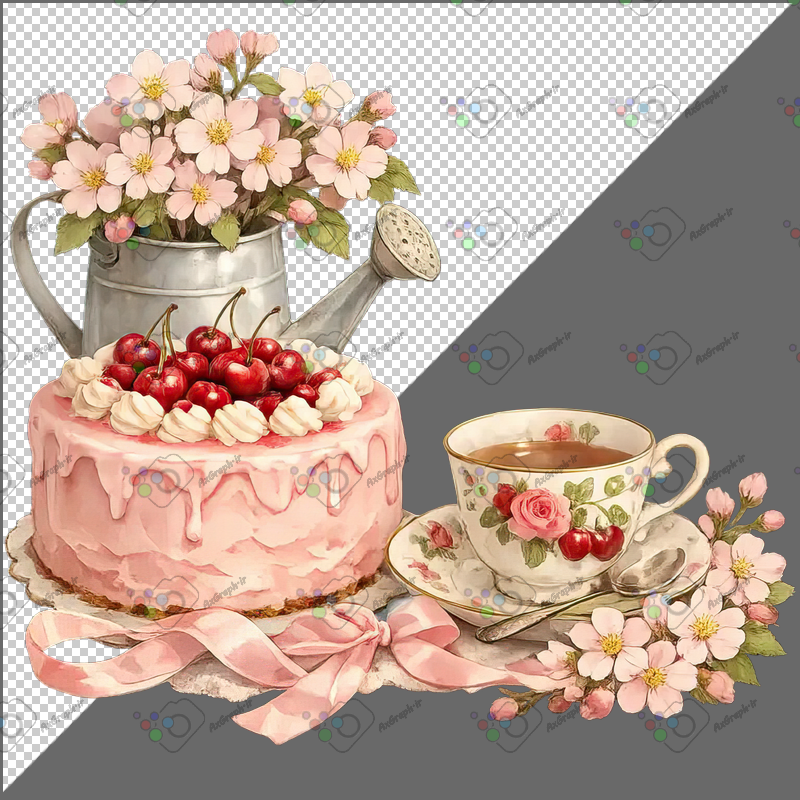 طرح برچسب فانتزی کیک آلبالو و فنجای چای و شکوفه گیلاس-کد 70209(ویژه عکس گراف)