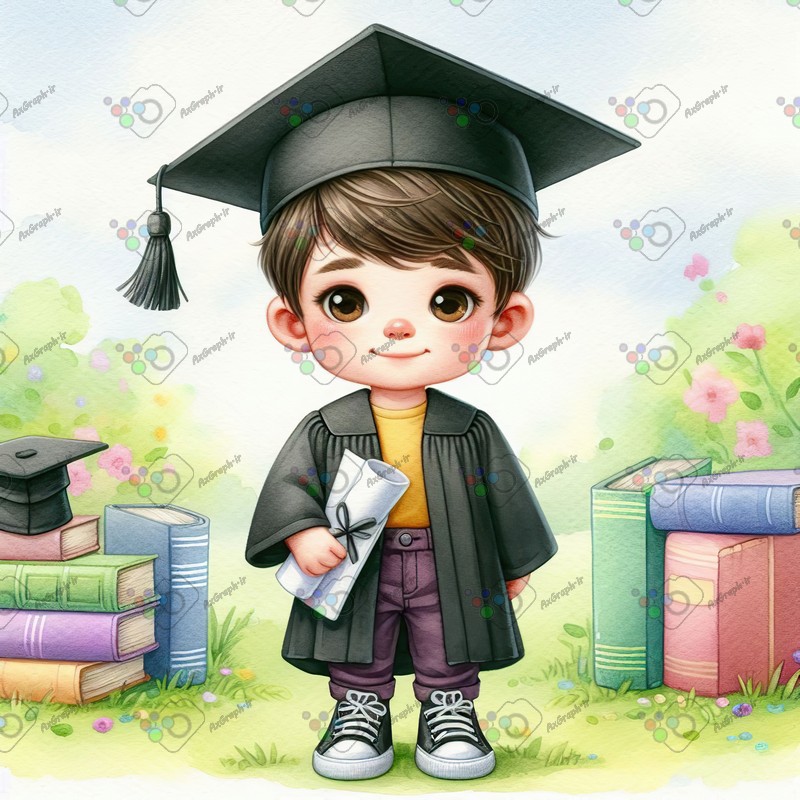 بک گراند کودکانه پسربچه با مزه با لباس فارغ التحصیلی با مدرک تحصیلی بین کتابها-کد 44430(ویژه عکس گراف)