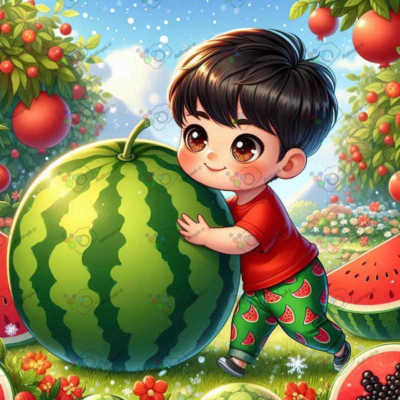 بک گراند کودکانه یلدا با طرح پسربچه با شلوار هندونه ای در حال قل دادن هندونه گُنده-کد 44791(ویژه عکس گراف)