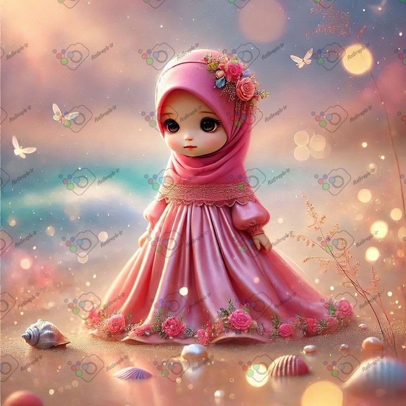 بک گراند کودکانه دختر ریزه میزه ناز با حجاب ایستاده در ساحل-کد 44518(ویژه عکس گراف)