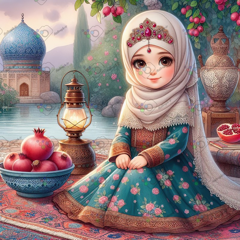 بک گراند کودکانه یلدا با طرح دختر بچه با حجاب با طرف انار و فانوس-کد 44704(ویژه عکس گراف)