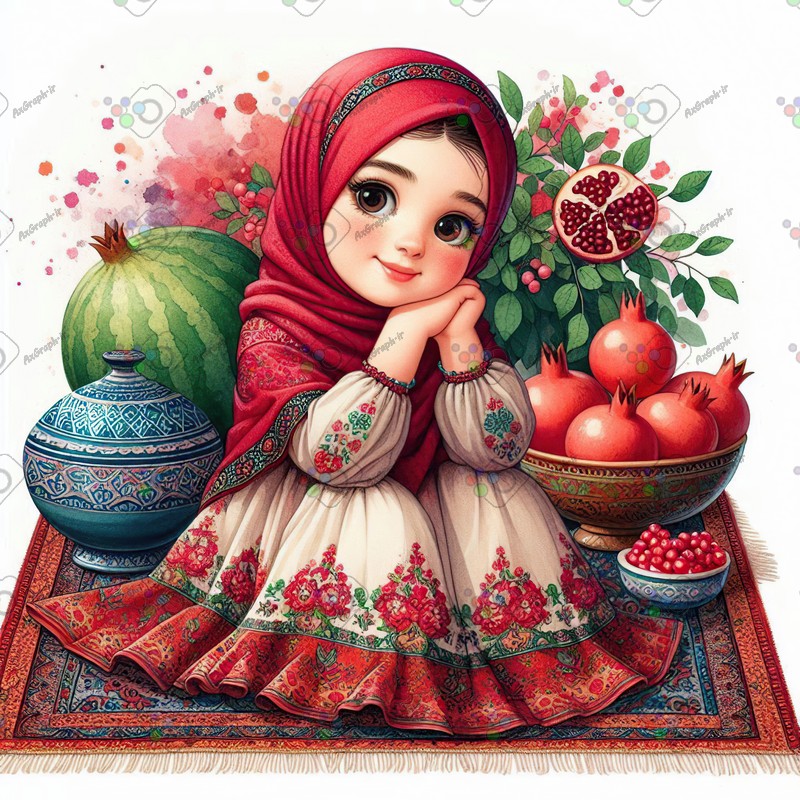 بک گراند کودکانه یلدا با طرح دختر بچه با حجاب با طرف انار و هندونه-کد 44703(ویژه عکس گراف)