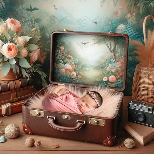 بک دراپ نوزاد چمدان با پس زمینه گلدار-کد 55009(ویژه عکس گراف)