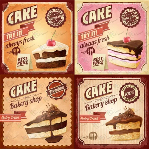 دانلود وکتور پوستر شیرینی پزی با طرح برش کیک خامه ای و شکلاتی در 4 طرح -کد 10359