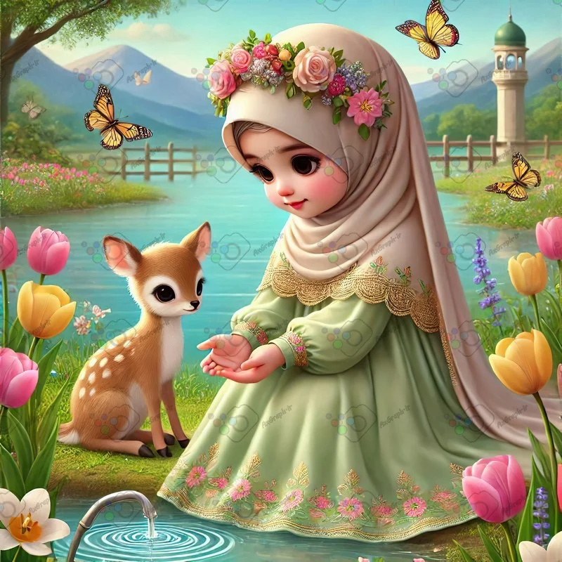 بک گراند کودکانه دختر بچه ناز با حجاب و بچه آهوی ناز نشسته کنار دریاچه-کد 43955(ویژه عکس گراف)