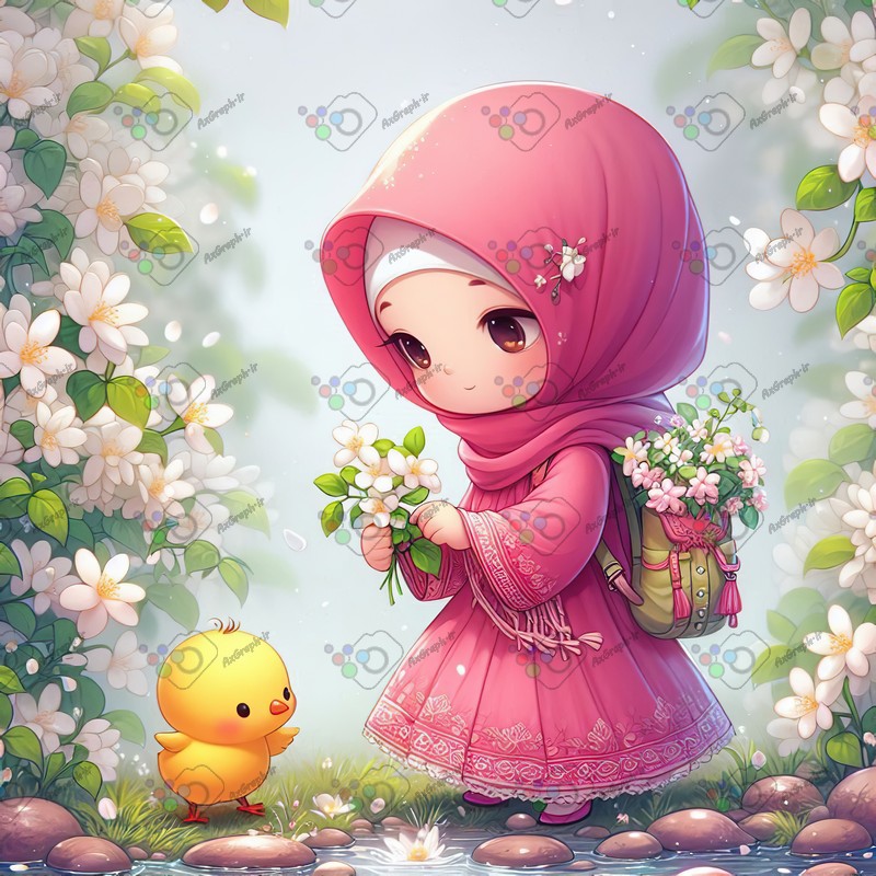 بک گراند کودکانه دختر بچه ناز با حجاب و جوجه با نمک در جنگل یاس سپید-کد 44406(ویژه عکس گراف)