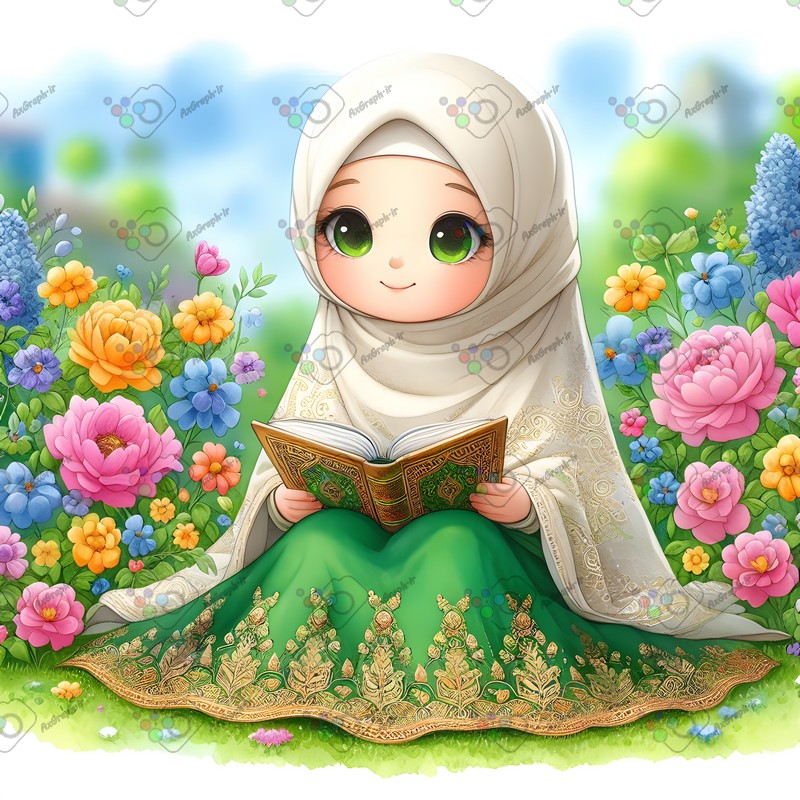 بک گراند کودکانه دختر بچه ناز با حجاب در حال قرآن خواندن در باغ گلها-کد 44590(ویژه عکس گراف)