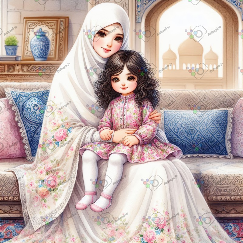 بک گراند کودکانه دختر کوچولوی ناز مو مشکی و مامان مهربونش-کد 44432(ویژه عکس گراف)