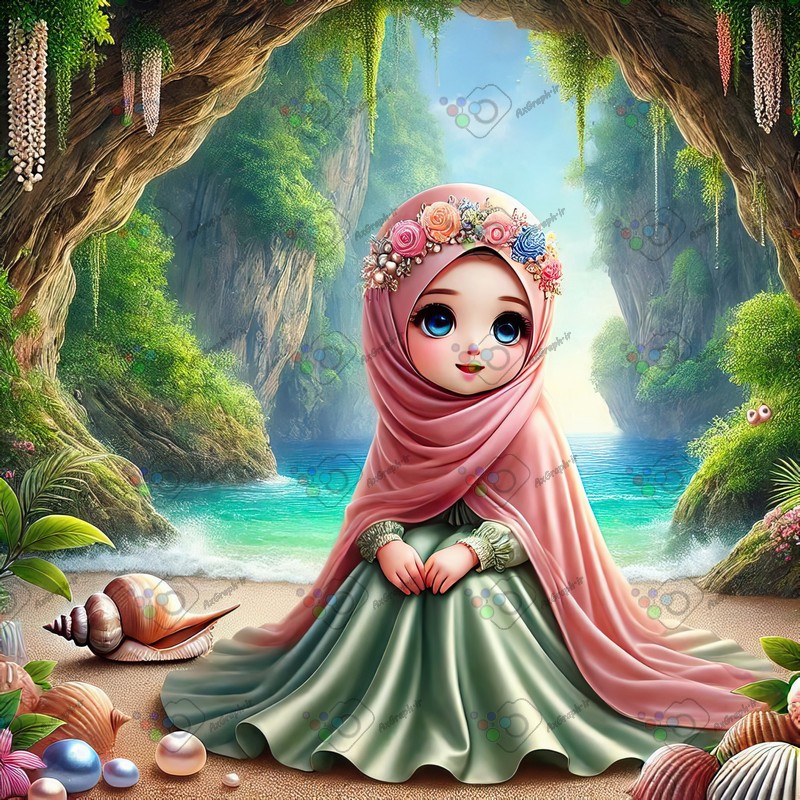 بک گراند کودکانه دختر بچه ناز با حجاب نشسته کنار دریا در جزیره سبز-کد 44558(ویژه عکس گراف)