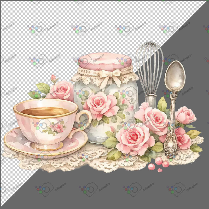 طرح برچسب فانتزی فنجان چای و بانکه و گل رز-کد 70219(ویژه عکس گراف)