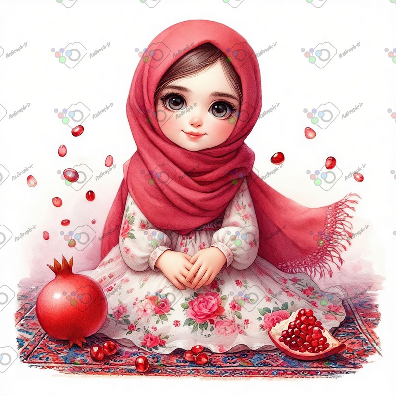 بک گراند کودکانه یلدا با طرح دختر بچه با حجاب روی فرش ایرانی با انار-کد 44632(ویژه عکس گراف)