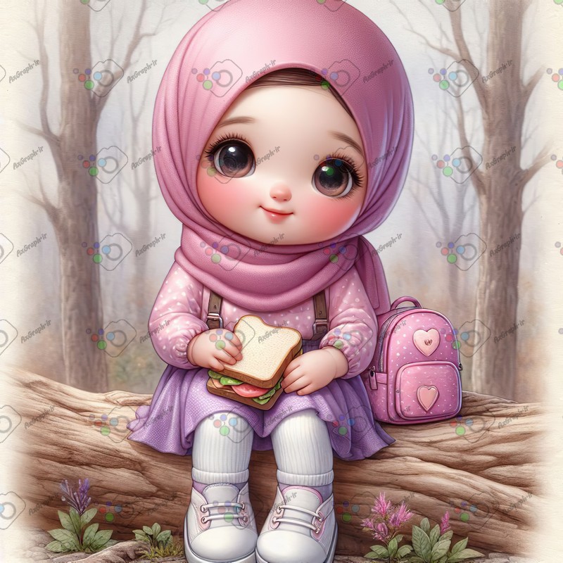 بک گراند کودکانه دختر کوچولوی ناز با حجاب ساندویچ در دست نشسته روی کنده درخت-کد 44480(ویژه عکس گراف)