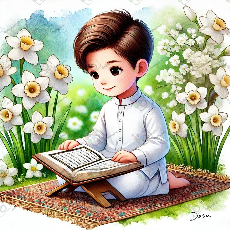 بک گراند کودکانه پسر نوجوان نشسته روی سجاده در حال قرآن خواندن در باغ پر از گل نرگس-کد 43854(ویژه عکس گراف)