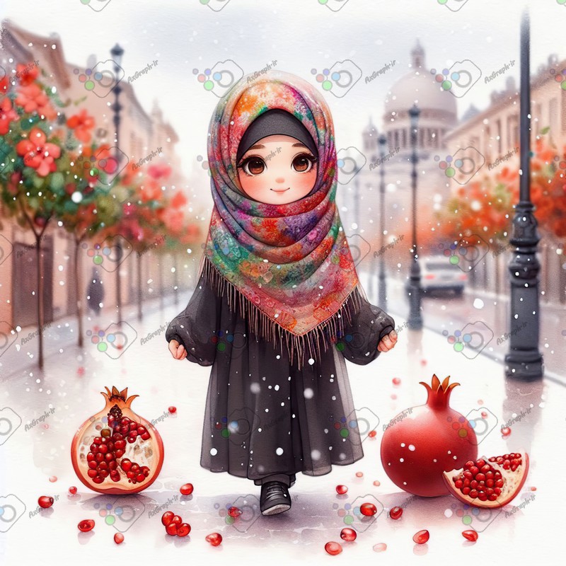 بک گراند کودکانه یلدا با طرح انار پاره و دختر بچه با حجاب ایستاده در پیاده رو در هوای برفی-کد 44729(ویژه عکس گراف)