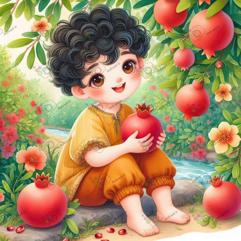 بک گراند کودکانه یلدا با طرح پسربچه مو فرفری با اناری در دست در باغ انار-کد 44787(ویژه عکس گراف)