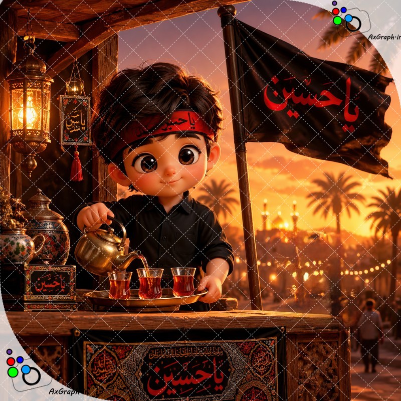 بک گراند کودکانه پسربچه با سربند یا حسین در موکب در حال ریختن چای-کد 44863(ویژه عکس گراف)