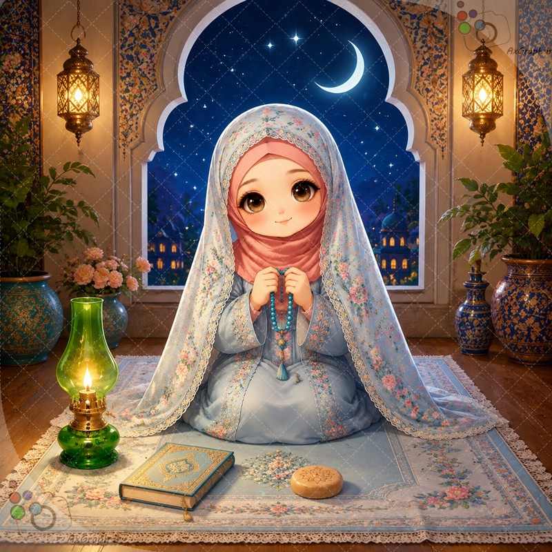 طرح سه‌بعدی دختر خردسال با چادر نماز، سجاده، مهر و تسبیح کنار پنجره و هلال ماه شب - کد 44917 (ویژه عکس گراف)