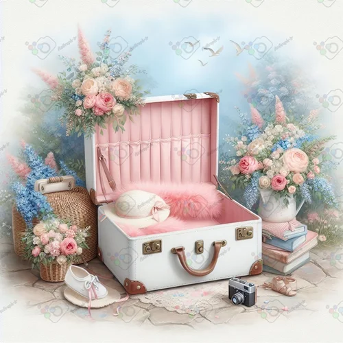 بک دراپ نوزاد چمدان با پس زمینه گلدار-کد 55003(ویژه عکس گراف)