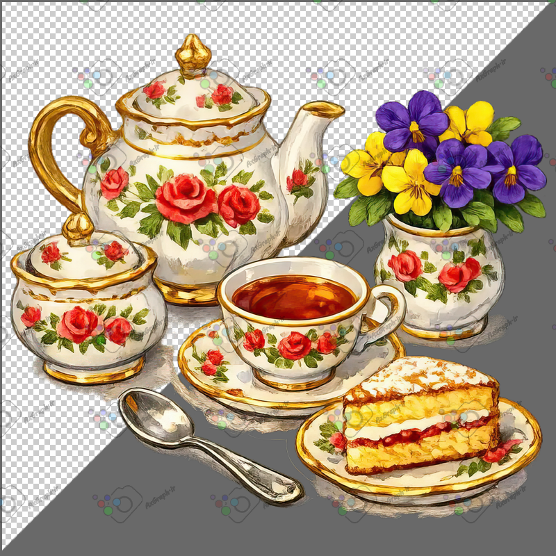 طرح برچسب سرویس چایخوری و برش کیک و گلدان بنفشه-کد 70076(ویژه عکس گراف)