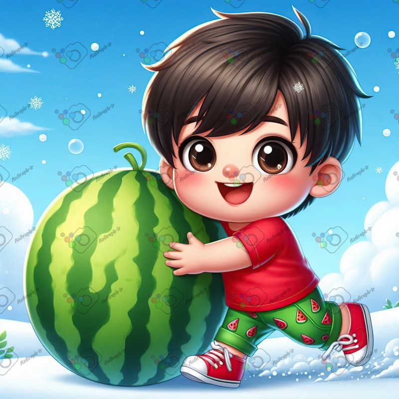 بک گراند کودکانه یلدا با طرح پسربچه خوشحال در حال قل دادن هندونه زیر برف-کد 44765(ویژه عکس گراف)