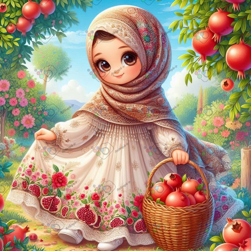 بک گراند کودکانه یلدا با طرح دختر بچه با حجاب با سبد انار ایستاده در باغ انار-کد 44722(ویژه عکس گراف)