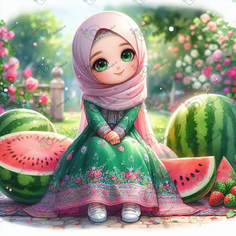 بک گراند کودکانه یلدا با طرح دختر بچه با حجاب نشسته روی هندونه-کد 44683(ویژه عکس گراف)